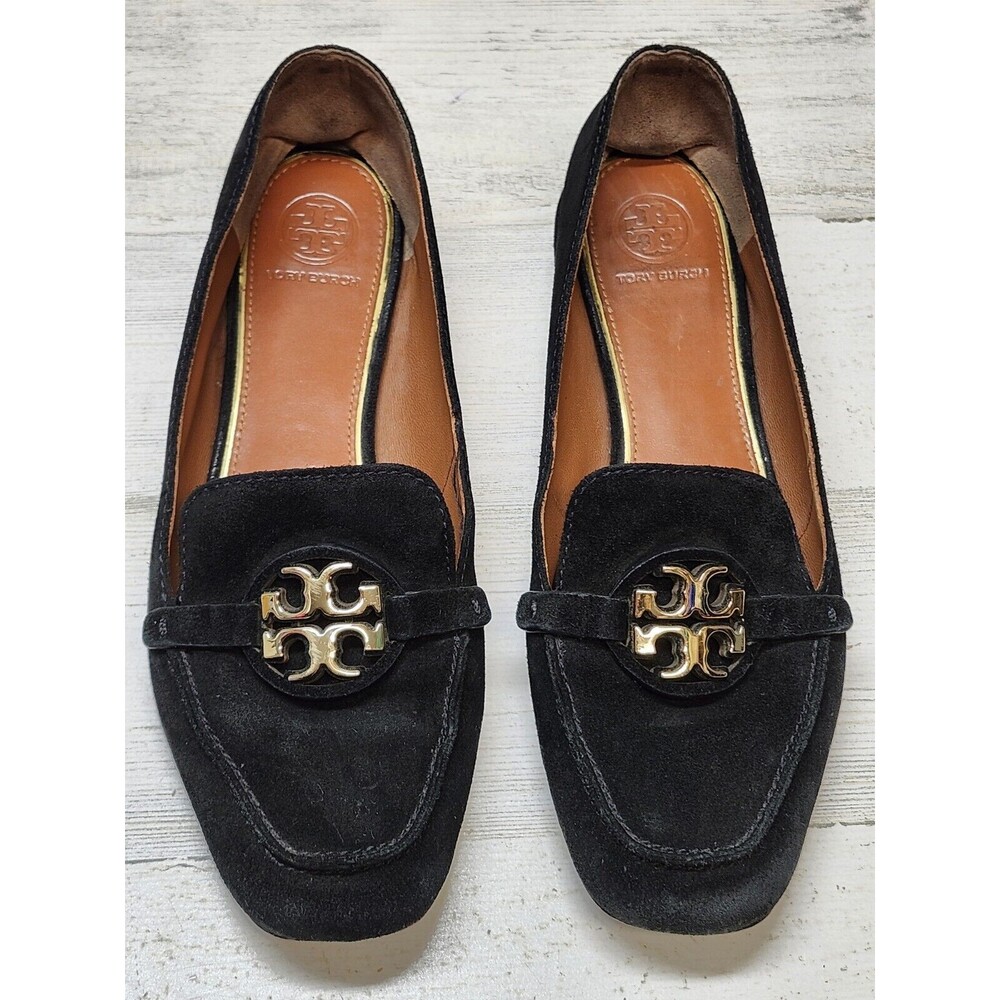Tory Burch Loafers Women 7.5 Black Suede Metal Miller Logo